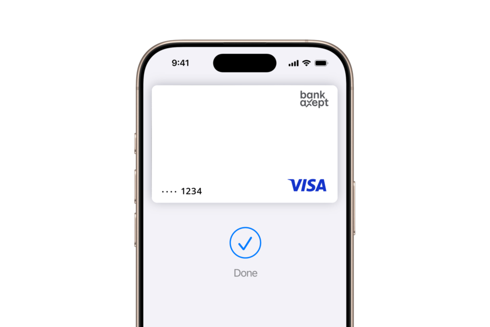 IPhone viser et digitalt betalingskort med bekreftelse 'Done'.
