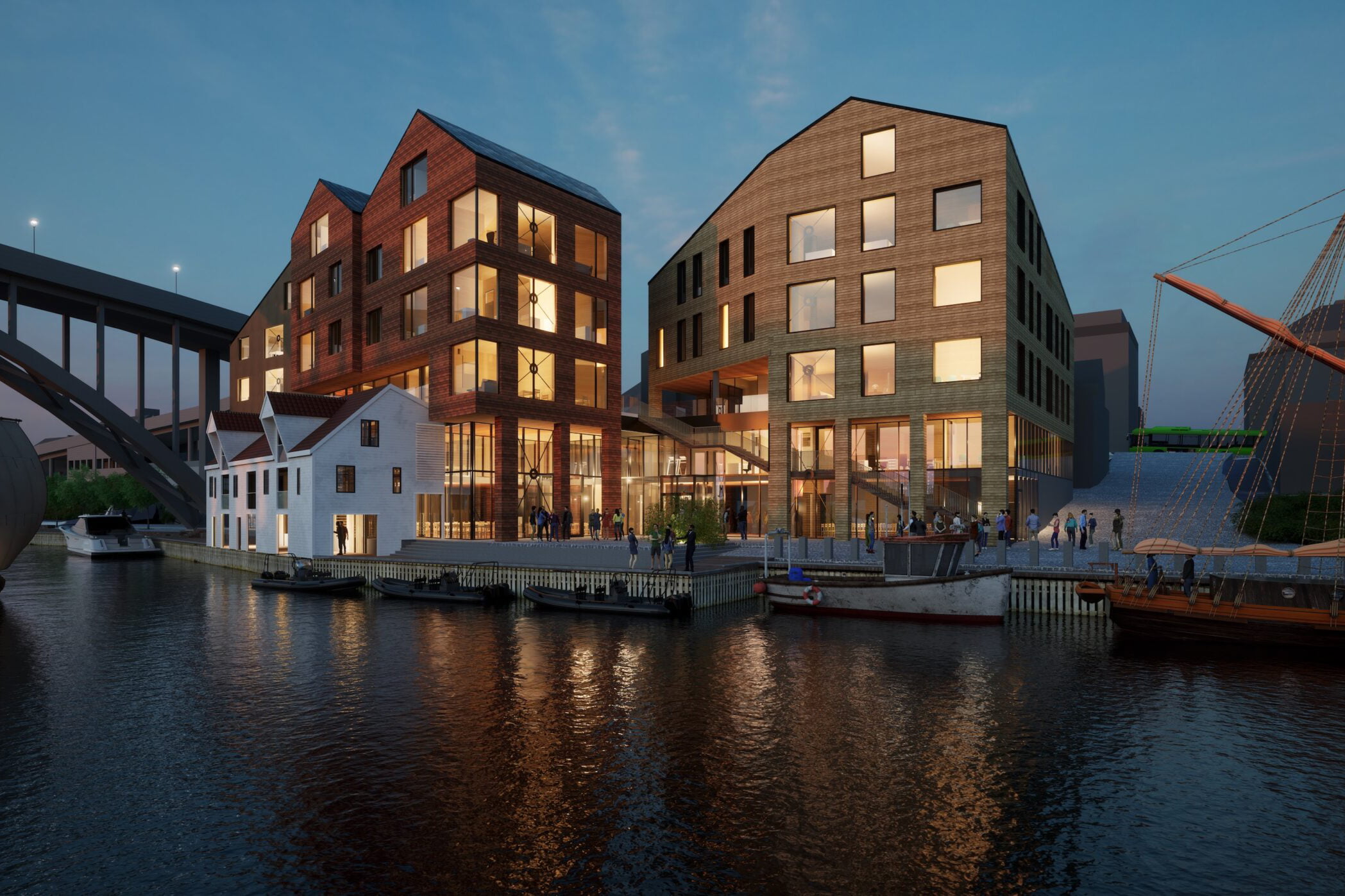 Grafisk fremstilling av banken nye lokaler i Smedasundet slik en arkitekt ville presentert det. Sett fra siden. Du ser konturer av broen i bakgrunnen.