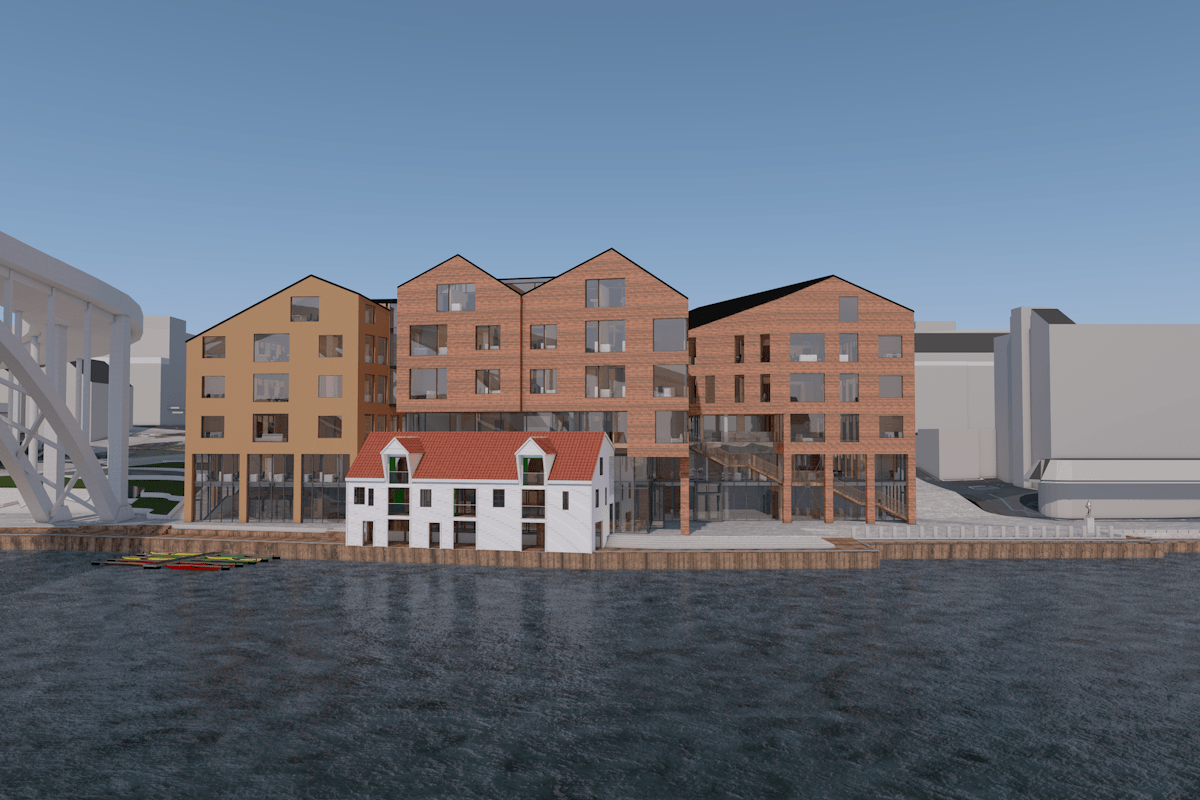 Grafisk fremstilling av banken nye lokaler i Smedasundet slik en arkitekt ville presentert det. 