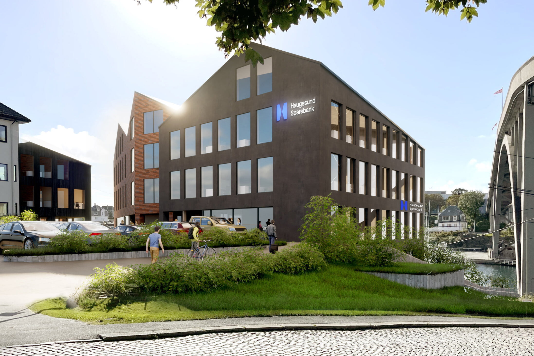 Grafisk fremstilling av banken nye lokaler slik en arkitekt ville presentert det. I farger og med mennesker og biler