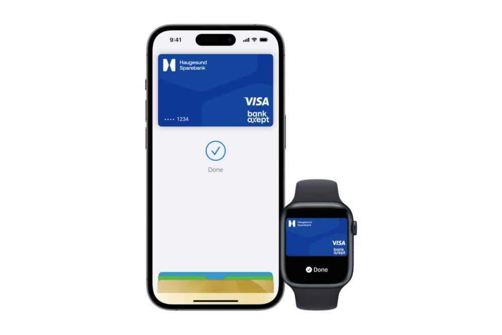 Illustrasjon av en iPhone med Visakort fra Haugesund Sparebank med en Apple Watch ved siden av seg