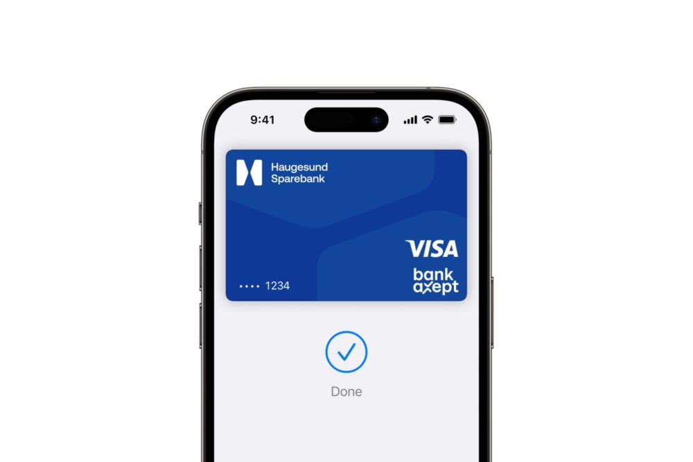 Illustrasjon av en iPhone med Visakort fra Haugesund Sparebank