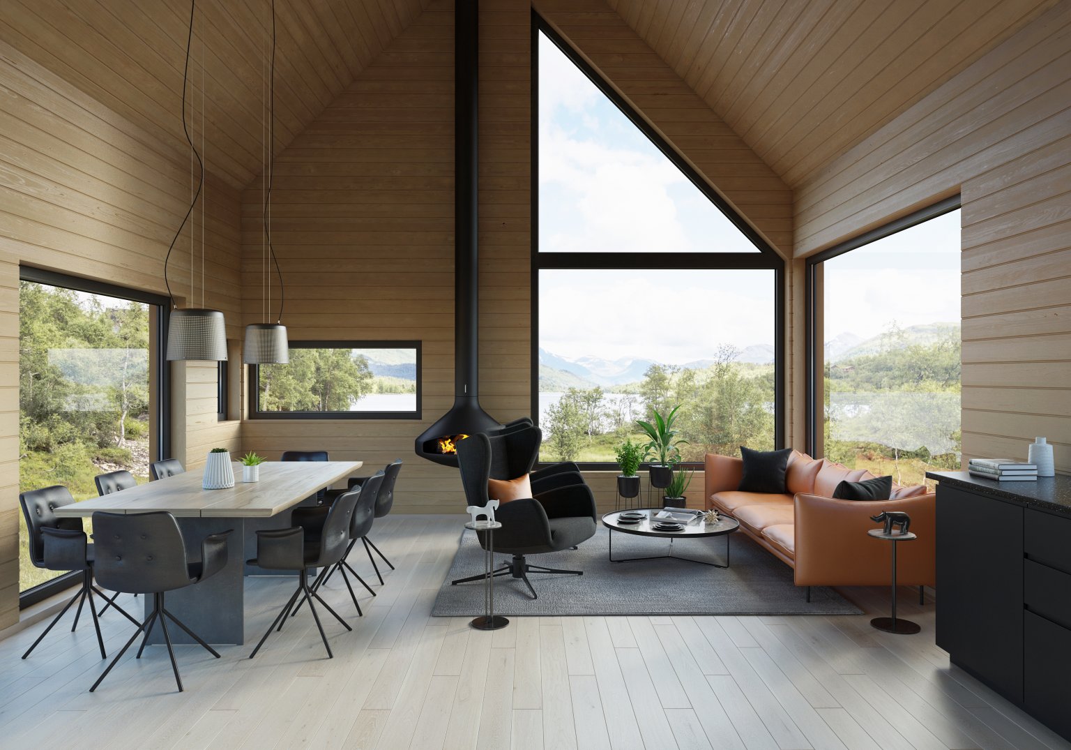 Interiøret til en moderne stue i en moderne hytte på fjellet.